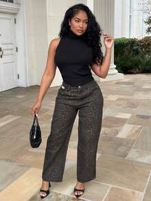 Alexandranx 女士秋冬新款高领无袖紧身罗纹黑色背心毛衣，适合日常穿着 - 黑色 - 查看 1