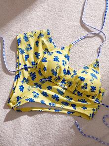 Swim Mod 2026 Spring/Summer New Floral Print Sexy Backless Halter Tie Shorts 2pcs Beachwear Swimwear Set Bikini Set - Yellow - View 5