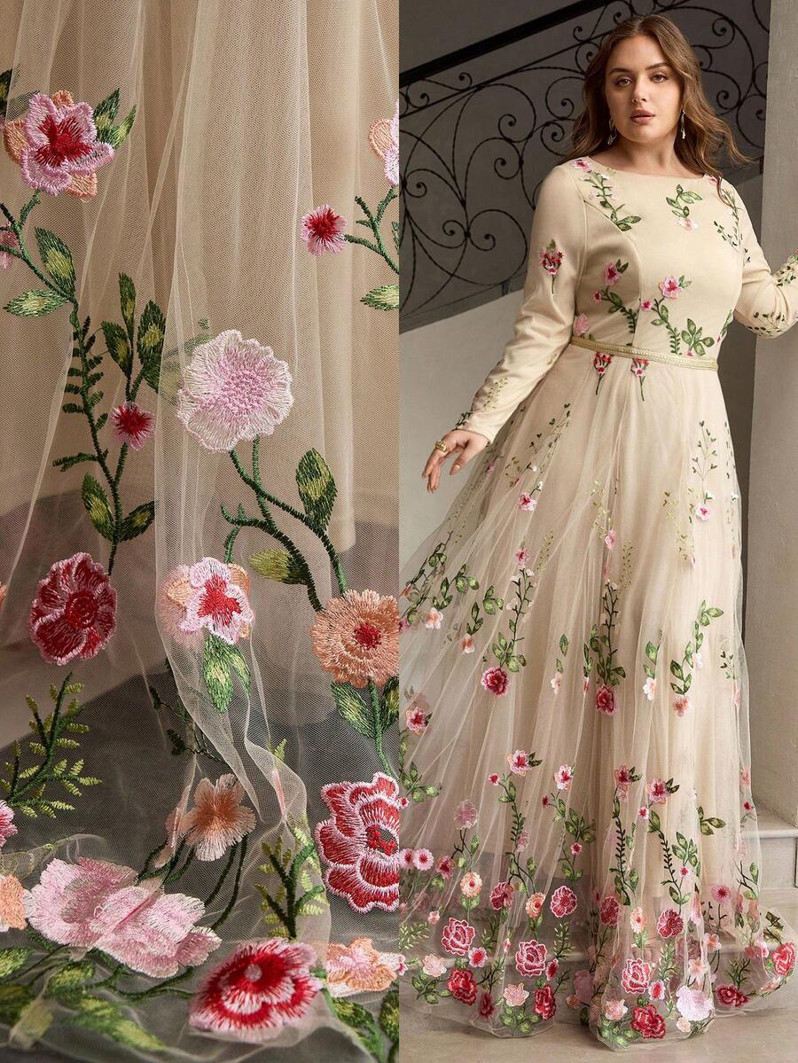 ZEYLAH Plus Size Women's Romantic Date Night Long Sleeve Embroidered Dress - Apricot - View 1