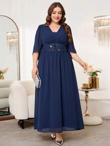 Reflora Đầm nữ cỡ lớn màu trơn đính đá, thiết kế eo, tay xòe, kiểu dáng thanh lịch. - Màu xanh hải quân - Xem 6