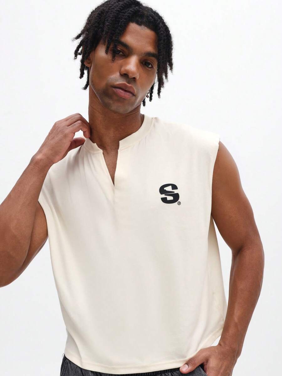 SUMWON 男士无袖露脐背心，胸前印有品牌标志，V领设计，夏季休闲街头风 - 杏色 - 查看 1