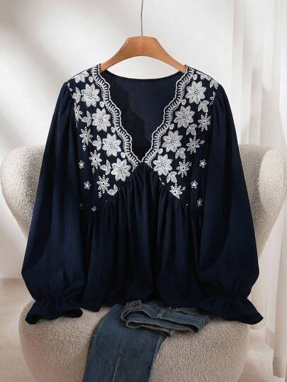 CosyJoli Plus Size Women V-Neck Floral Embroidery Pattern Casual Versatile Daily Wear Long Sleeve Shirt