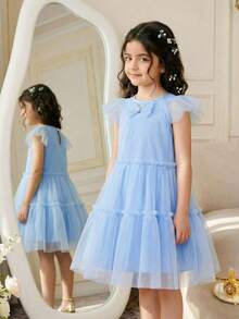 Glamorique Kids Vestido azul de malla para niñas, con volantes de malla en capas, sin mangas, versátil para uso casual, fiesta, cumpleaños, vacaciones, nueva llegada de primavera/verano - Azul - Ver 2