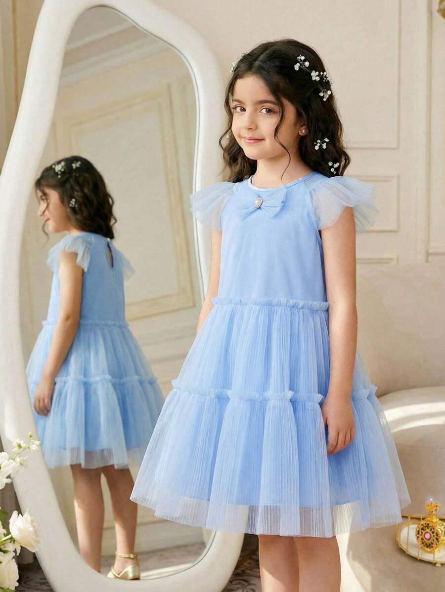 Glamorique Kids Vestido azul de malla para niñas, con volantes de malla en capas, sin mangas, versátil para uso casual, fiesta, cumpleaños, vacaciones, nueva llegada de primavera/verano