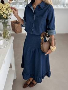 DAZY Bộ đồ nữ gồm áo sơ mi có túi và chân váy denim xếp ly, kiểu dáng thường ngày, thích hợp cho mùa xuân/hè, hoặc dự tiệc cưới. - Màu xanh lam - Xem 6