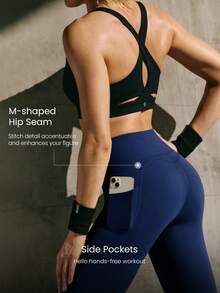 GLOWMODE 24" FeatherFit™-Sculpt Sweat-O-Clock Compressive Anti-Roll Tummy Control No Front Seam Side Pockets Leggings Low Impact Training Running Workout Gym - Dark Blue - View 5