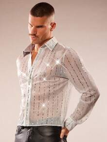 FeverCity Men's Sequin Embellished Long Sleeve Casual Shirt - Silver - View 6
