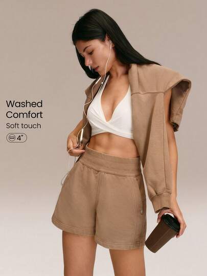 GLOWMODE Everyday Terry Cozy Motivation Soft Breathable Sweat-Wicking Vintage-Wash Side Pockets Elastic Waist Pull-On Shorts Daily Casual Wear