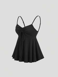 Sweetra Y2K Sexy Cute Avant-Garde Daring Retro Romantic Pure Chic College Vacation Casual Date Street Party Home Street Music Festival V-Neck Drawstring Tie Bow Sleeveless Ruched Black Camisole Top, Spring/Summer/Autumn - Black - View 3