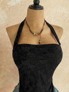 Soleia Camiseta de punto blanca con textura y ajuste ceñido con escote halter para vacaciones de mujer - Negro - Ver 4