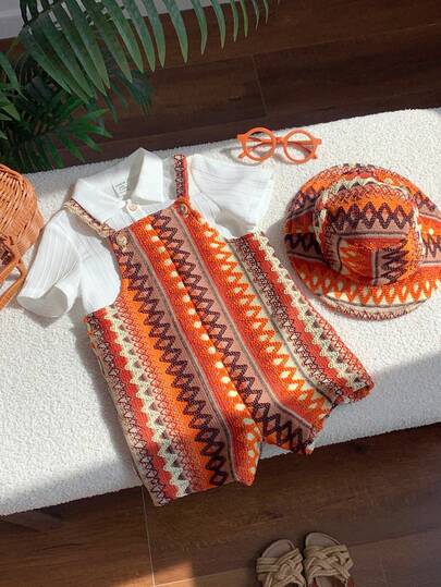 SHEIN 2pcs Unisex Newborn Baby Boys/Girls Cute Vacation Style Orange Striped Bib Shorts Romper And Sun Hat Set, Suitable For Spring/Summer