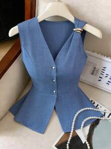 Elenzga 新款简约优雅金属扣设计修腰V领无袖女式衬衫，夏季 - 霧霾藍 - 查看 8