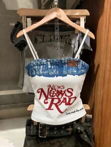 GlowEve 女士时尚字母拼接修身吊带背心，夏季 - 白色 - 查看 1