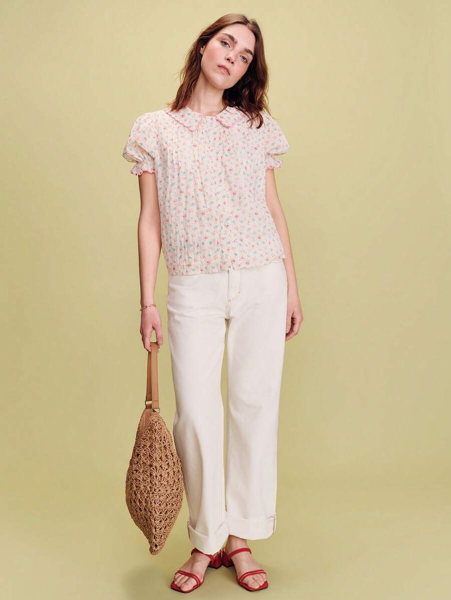 lacRébo White Shirt With Multicolored Floral Print, Scalloped Details, Pleats, And Lace Cute Pink Flower Top Office Top Going Out Top Spring Summer French Style Parisian Style Women's Tops And Blouses Floral Print Blouse Ladies Clothes Puff Sleeve Blouse Scalloped Collar Top - White - View 1