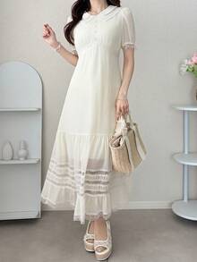 FRIFUL Women's Solid Color Patchwork Sheer Lace Ruffle Hem Fitted Casual Dress, Suitable For Spring And Summer Sundress - White - View 6