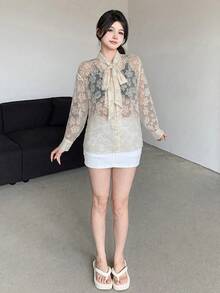 DAZY 女士宽松纯色长袖雪纺系领休闲夏季上衣外出服 - 杏色 - 查看 6