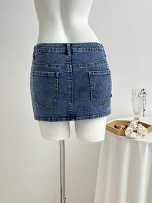 Elamini Y2K Fashion Casual Retro Sexy Cargo Pocket Low-Waist Denim Mini Skirt - Medium Wash - View 2
