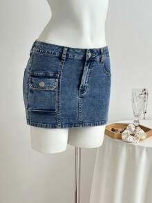 Elamini Y2K Fashion Casual Retro Sexy Cargo Pocket Low-Waist Denim Mini Skirt - Medium Wash - View 3