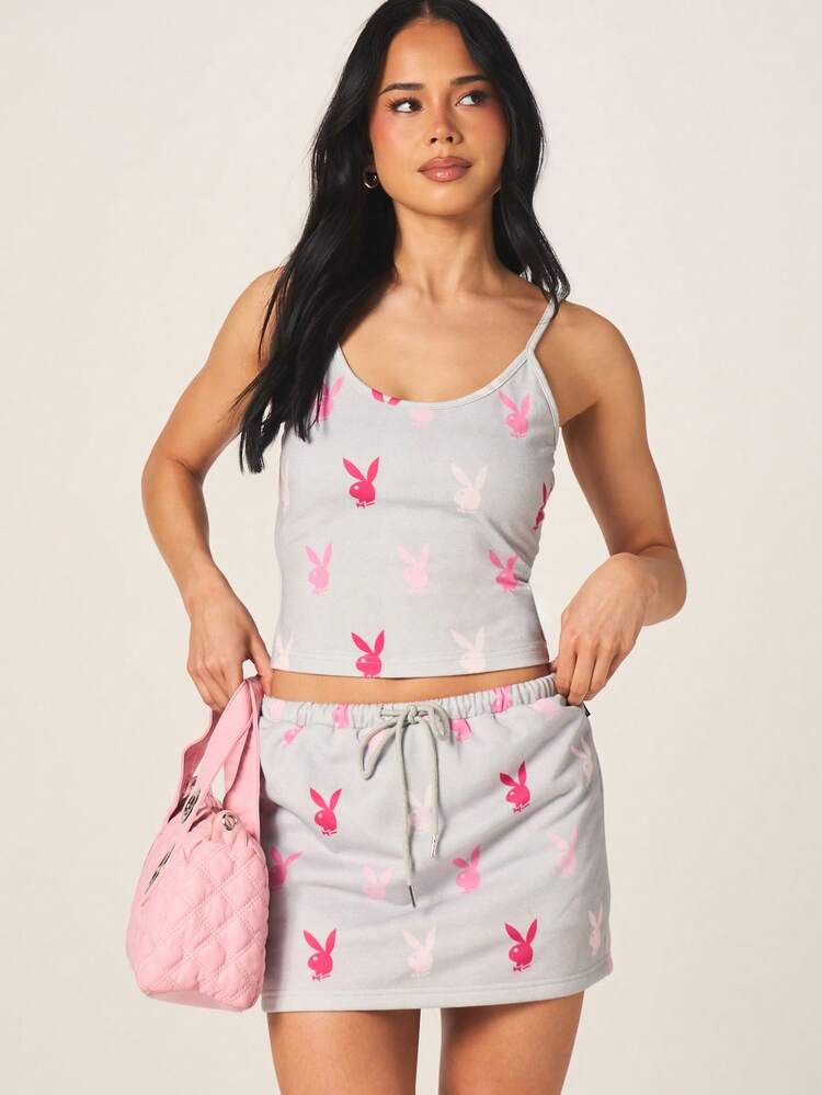 Missguided x Playboy Conjunto de Top Camisole e Saia Curta Estampado de Coelho com Cintura com Cordão, Coordenado Casual Feminino, Roupa de Descanso de Verão