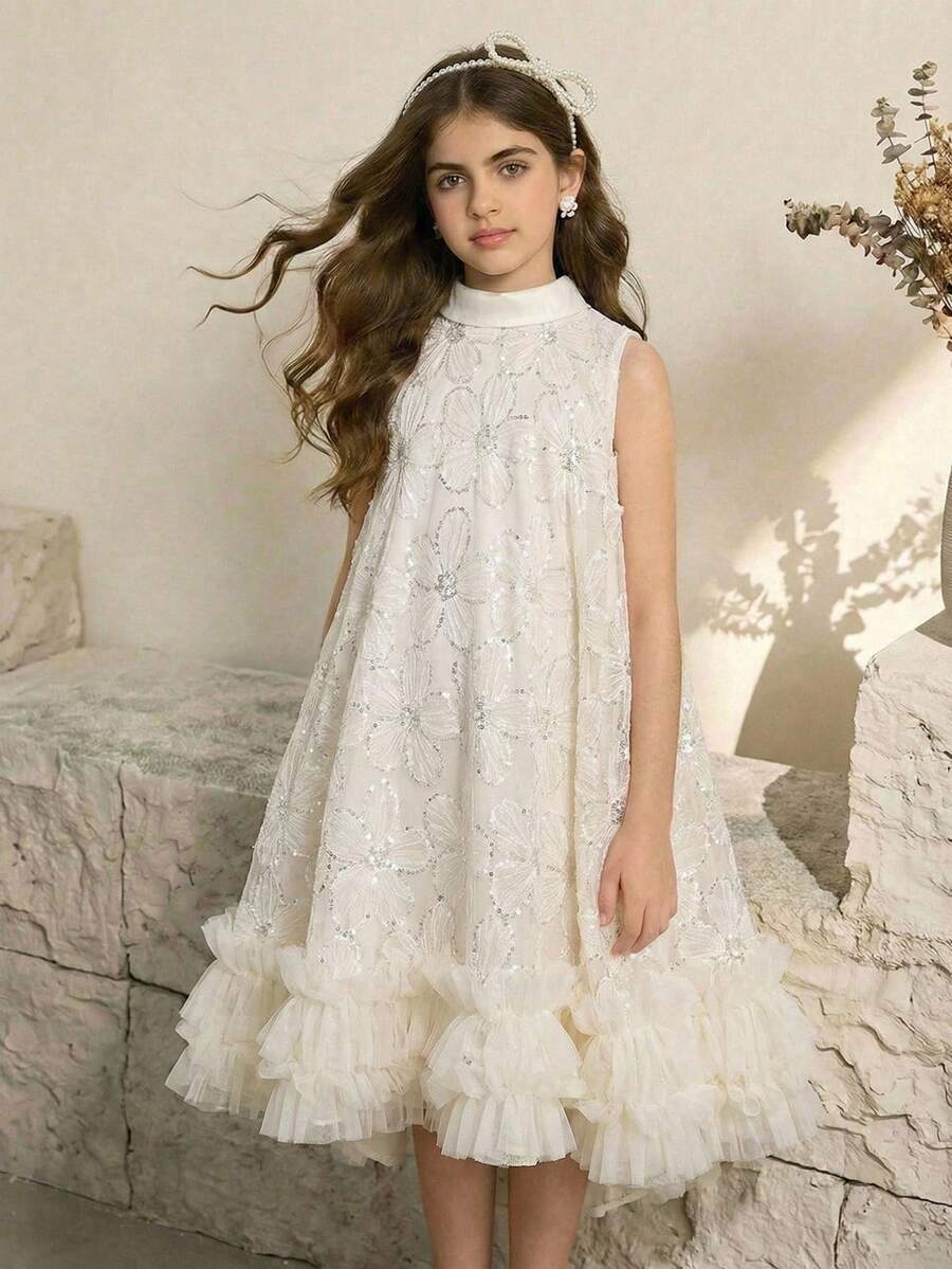 SHEIN 时尚优雅的少女亮片网纱无袖连衣裙 - 杏色 - 查看 1