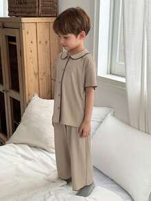 Dazy Kids Young Boy Mandarin Collar Short Sleeve Single-Breasted Top And Pants Pajama Set - Khaki - View 5