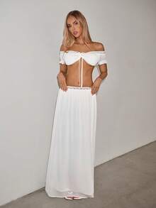 SHEIN ICON Bộ đồ hai mảnh áo trễ vai và chân váy màu trơn dành cho nữ, thời trang mặc hàng ngày. - trắng - Xem 3