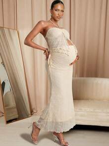 MaterniChic Maternity Clothes Maternity Co Ord Summer Pregnant Clothes Apricot-Colored Textured Two-Piece Set, Halter Collar Soft And Comfortable Elegant - Apricot - View 3