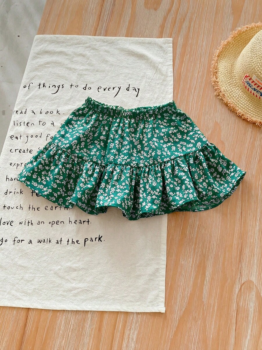 SHEIN LMoss Kids Váy ngắn cạp chun họa tiết hoa dễ thương cho bé gái, thích hợp cho mùa hè. - màu xanh lá - Xem 1