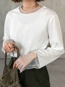 FRIFUL Solid Color Patchwork Sheer Polka Dot Mesh Fabric Loose Casual Versatile T-Shirt - White - View 2