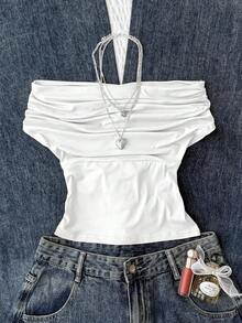 SHEIN Teen Girl Versatile Solid White Fitted Crop Top, Summer Casual Wear, High Neck Off-Shoulder Design, Elegant For Festivals, Countryside, Beach Vacation, Afternoon Tea And Other Occasions, Dignified Style, Suitable As Dancewear Or Cute Top - White - View 9