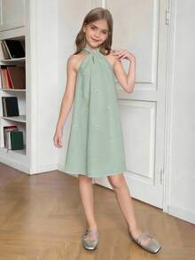 SHEIN Tween Girl Elegant Solid Green Halter Neck Beaded Back Bow A-Line Sleeveless Dress Pearl Embellished Mint Summer Seafoam Pastel Classy Spring - Green - View 8