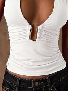 SHEIN BAE Women's Sexy Solid Color Backless Halter Top, Summer,Summer Top - White - View 7