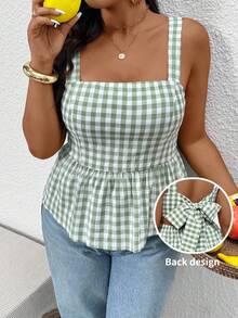 SHEIN Frenchy 大码女式绿色格子吊带背心，后背系带，时尚通勤休闲吊带背心，适合日常穿着 - 綠色 - 查看 3
