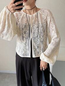 FRIFUL 女士休闲度假风刺绣网纱透视上衣，春夏秋季长袖上衣 - 杏色 - 查看 6