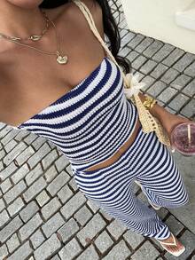 Optris 2 件套条纹提花面料短款抹胸和高腰阔腿裤海滩度假套装，优雅休闲装适合女士日常、度假、休闲、夏季 - 藍白色 - 查看 1