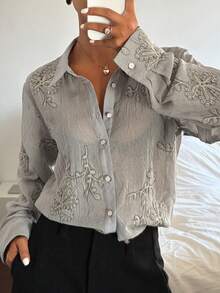 DAZY 女士法式刺绣衬衫，优雅设计，夏季款 - 藍色 - 查看 5