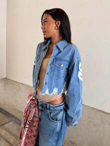 StreetHx Fashionable Casual Sports Street Style Distressed Print Letter Denim Jacket - Light Wash - View 4