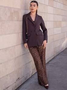 Andrea Bello Women's Business Style Solid Color Double-Breasted Blazer Jacket For Commuting, Autumn  - Coffee Brown - View 6