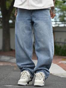 Devon Thys 1pc Justice Brother Loose Fit Washed Denim Casual Wide Leg Jeans Pants, Korean Style - Light Wash - View 3