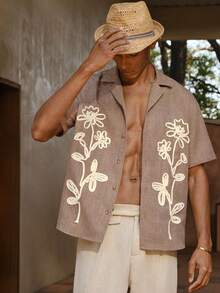 AKNOTIC Business Casual 男士棕色梭织花卉刺绣休闲宽松短袖Polo衫，适合夏季、度假、日常穿着、派对、情侣装、男士礼物 - 卡其色 - 查看 6