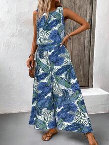 EMERY ROSE 波西米亚风复古印花圆领露脐上衣和阔腿裤两件套休闲沙滩装女装 - 彩色 - 查看 4