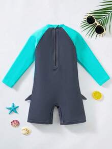 SHEIN 1件/套 儿童可爱鲨鱼图案拼接长袖连体泳衣，带3D鱼鳍，男女童防护泳衣，适合沙滩、游泳、冲浪，春夏穿着 - 綠色 - 查看 2