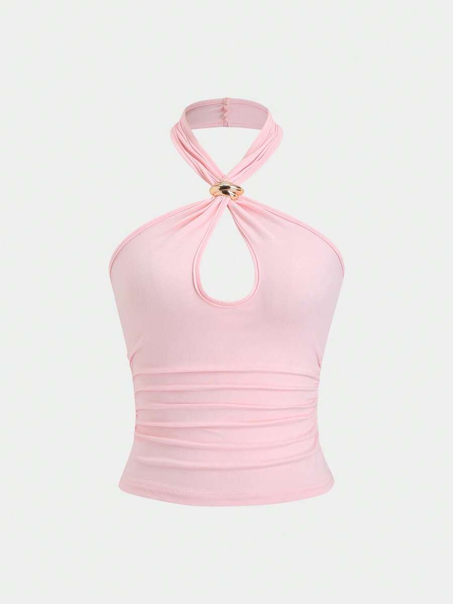Sweetra Sexy Halter Neck Solid Color Metal Decor Fitted Crop Top, Chic And Stylish For Women - Pink - View 1