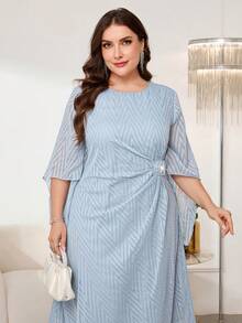 Reflora Đầm nữ cỡ lớn thanh lịch cổ tròn tay xòe eo bên đính ngọc trai giả - Màu xanh lam - Xem 7