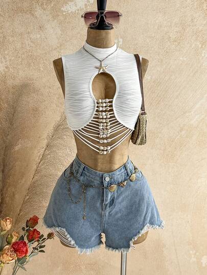 Soleia Spring/Summer New Casual Vacation Western Beach Wedding Guest Attire Graduation Brunch St. Patrick's Day Spring Break Easter Music Festival Elegant Bohemian Tropical Backless Hollow Out Beaded Tassel Pearl Decor Design Valentine's Day Party Crew Neck Women Tank Top