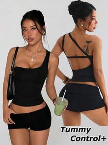 Dewbera 女士时尚性感优雅露背紧身瑜伽运动背心，夏季 - 黑色 - 查看 1