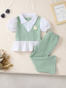 女童休闲套装：二合一短袖花瓣袖衬衫和喇叭裤 - 綠色 - 查看 5