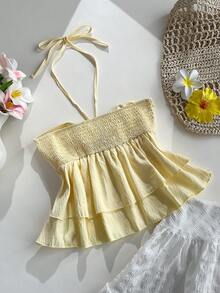 Elamini Women's Summer Yellow Front Pleated Tie Neck Layered Hem Casual Vacation Tank Top - Yellow - View 2