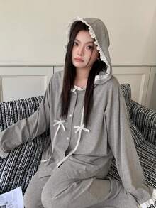 Dazy Plus 大码女式纯色撞色蕾丝休闲连帽长袖上衣和直筒宽松睡裤套装，春秋季 - 灰色 - 查看 2