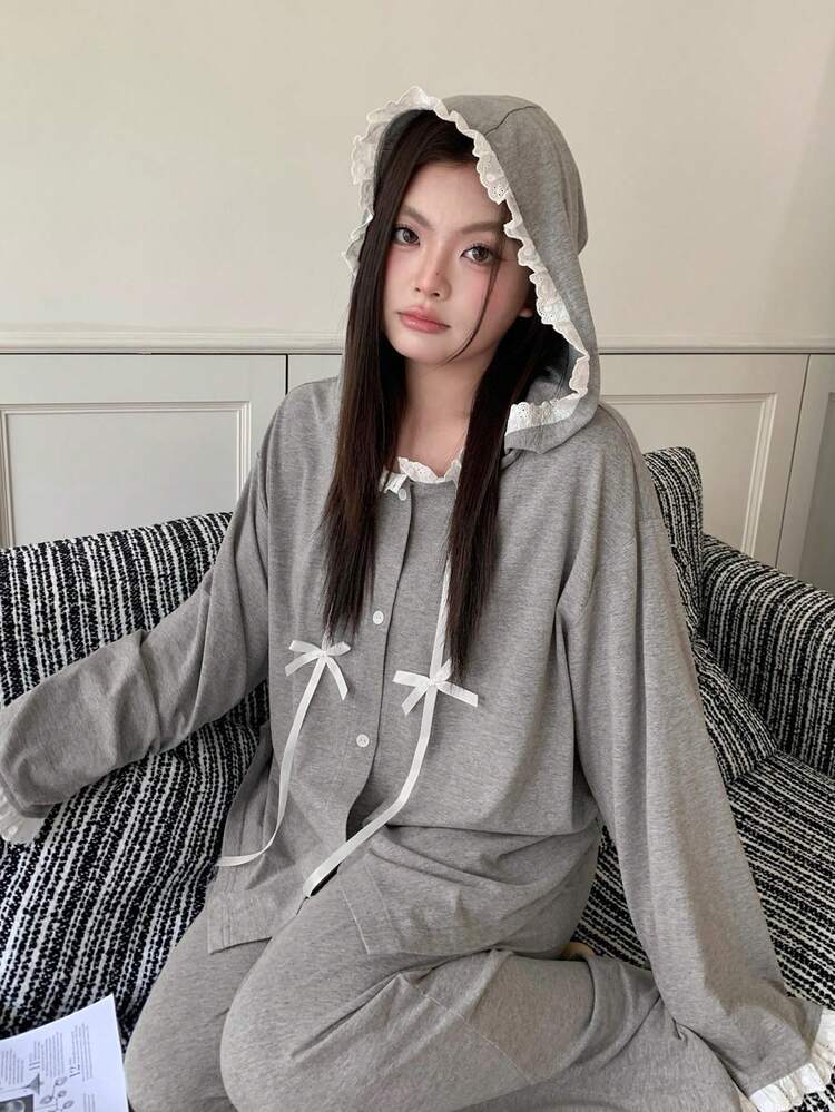 Dazy Plus Plus Size Women Solid Color Contrast Lace Casual Hooded Long Sleeve Top And Straight Leg Loose Pajama Pants Set, Spring/Autumn